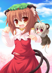 Rule 34 | animal ears, bad id, bad pixiv id, blush, brown eyes, brown hair, cat ears, cat girl, cat tail, chen, chibi, dress, earrings, female focus, grey hair, hat, jewelry, mouse ears, mouse tail, multiple girls, multiple tails, nazrin, red eyes, short hair, smile, tail, touhou, twintails, yokuran