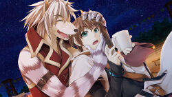 Rule 34 | 2boys, ^ ^, alto travers, animal ears, animal hands, atelier-moo, belt, brown hair, closed eyes, cup, dog boy, dog ears, dog nose, fang, furry, green eyes, hair between eyes, highres, holding, holding cup, long sleeves, multiple boys, night, night sky, open mouth, short hair, sky, smile, star (sky), starry sky, volk dartfang, wizards symphony, wolf boy