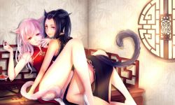 Rule 34 | 2girls, all fours, animal ears, warrior of light (ff14), black hair, blush, cat ears, cat tail, character request, cherry, china dress, chinese clothes, closed mouth, dress, final fantasy, final fantasy xiv, food, fruit, heterochromia, highres, holding, holding food, long hair, looking at viewer, multiple girls, pink hair, purple eyes, red eyes, smile, tail, vv sama, yellow eyes