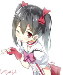 Rule 34 | 10s, 1girl, :p, black hair, blush, bokura wa ima no naka de, bow, fingerless gloves, gloves, hair bow, long hair, looking at viewer, love live!, love live! school idol project, one eye closed, red eyes, sky-freedom, smile, solo, tongue, tongue out, twintails, wink, yazawa nico
