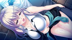 Rule 34 | 1boy, 1girl, blush, breasts, censored, cleavage, clothes around waist, clothes lift, cum, cum on body, cum on lower body, game cg, glasses, grey hair, hetero, highres, huge breasts, in vitro shoujo, legs, long hair, midriff, mosaic censoring, no panties, open mouth, purple eyes, pussy, sex, skirt, skirt lift, sleeveless, solo focus, standing, sweat, tadano akira, thighs, vaginal