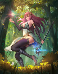 Rule 34 | 1girl, ahoge, armor, warrior of light (ff14), bare shoulders, belt, black panties, black thighhighs, breasts, chaosringen, cleavage, commission, day, detached sleeves, dress, final fantasy, final fantasy xiv, forest, greaves, green dress, hair ornament, halterneck, high heels, highres, holding, holding staff, hyur, large breasts, long hair, nature, open mouth, panties, pink eyes, pink hair, rabbit, side slit, solo, staff, thighhighs, tree, underwear