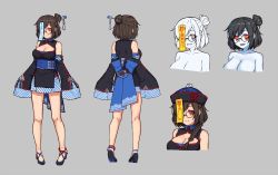 Rule 34 | alternate costume, anklet, blue bow, blue skin, bow, colored skin, fangs, glasses, hair bun, hair ornament, hair stick, jewelry, jiangshi, mei (overwatch), multiple views, overwatch, overwatch 1, red eyes, shoes, single hair bun, terras