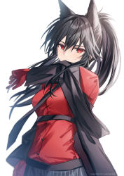 Rule 34 | 1girl, animal ears, arknights, backlighting, belt, black belt, black hair, black jacket, black necktie, coyucom, dress shirt, extra ears, gloves, grey shorts, jacket, long hair, looking at viewer, necktie, off shoulder, official alternate costume, pixiv id, ponytail, red eyes, red gloves, red shirt, shirt, shorts, simple background, solo, texas (arknights), texas (willpower) (arknights), twitter username, white background, wiping mouth, wolf ears