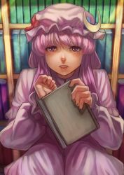 Rule 34 | 1girl, book, bookshelf, bukimi isan, crescent, face, female focus, hat, highres, lips, long hair, looking at viewer, patchouli knowledge, purple eyes, purple hair, sitting, solo, touhou, very long hair