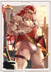 Rule 34 | 1boy, apron, apron lift, aussummer, bara, body markings, bulge, chocolate, chocolate on body, chocolate on face, chocolate on legs, clothes lift, copyright name, food, food on body, food on face, food on legs, fundoshi, granblue fantasy, highres, japanese clothes, large pectorals, long hair, male focus, multicolored hair, muscular, muscular male, nipples, official alternate costume, pectorals, red apron, red hair, solo, thick thighs, thighs, two-tone hair, white hair, wilnas (apron of ardor) (granblue fantasy), wilnas (granblue fantasy)