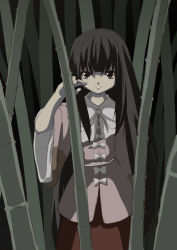 Rule 34 | 1girl, bamboo, bamboo forest, black hair, bow, bowtie, cowboy shot, date (senpen), female focus, forest, grin, houraisan kaguya, long hair, long sleeves, looking at viewer, nature, outdoors, parted lips, plant, smile, solo, teeth, touhou, very long hair, white bow