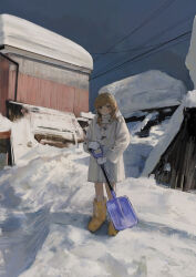 Rule 34 | 1girl, :3, absurdres, as4kla, blonde hair, blush, boots, closed mouth, coat, commentary request, day, drainpipe, grey hair, highres, holding, holding shovel, knee boots, long hair, long sleeves, looking at viewer, mittens, original, outdoors, overcast, power lines, rubber boots, scenery, shovel, sidelighting, sky, smile, snow, snow shovel, solo, standing, sunlight, sweater, tarpaulin, turtleneck, turtleneck sweater, white coat, white mittens, wide shot, winter, winter clothes, winter coat, yellow footwear