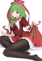 Rule 34 | 1girl, black pantyhose, bow, commission, dress, frilled bow, frilled dress, frilled ribbon, frills, front ponytail, green eyes, green hair, hair bow, hair ribbon, highres, kagiyama hina, kanpa (campagne 9), lifted by self, looking at viewer, no shoes, pantyhose, pixiv commission, puffy short sleeves, puffy sleeves, red bow, red dress, red ribbon, ribbon, short sleeves, solo, touhou, white background