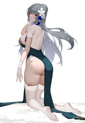 Rule 34 | 1girl, absurdres, ass, azur lane, back, blush, breasts, china dress, chinese clothes, dress, eyes visible through hair, feet, flower, from behind, full body, garter belt, gloves, green dress, grey hair, hair between eyes, hair flower, hair ornament, hand up, highres, kneeling, knees together feet apart, large breasts, legs, long hair, looking at viewer, looking back, median furrow, mole, mole under eye, no shoes, official alternate costume, parted lips, pelvic curtain, red eyes, saint-louis (alluring administrator) (azur lane), saint-louis (azur lane), see-through, see-through gloves, short sleeves, simple background, soles, solo, thighhighs, thighs, toes, two-tone dress, white background, white flower, white garter belt, white gloves, white thighhighs, wsfw