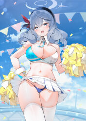 Rule 34 | 1girl, absurdres, ako (blue archive), bare shoulders, blue archive, blue eyes, blue hair, blue sky, blush, bracelet, breasts, cleavage, confetti, criss-cross halter, hair between eyes, hair ribbon, hairband, halo, halterneck, highres, holding, holding pom poms, jewelry, large breasts, long hair, looking at viewer, millennium cheerleader outfit (blue archive), miniskirt, navel, open mouth, pleated skirt, pom pom (cheerleading), pom poms, ribbon, skirt, sky, solo, sports bra, thighs, white skirt, yukineko1018
