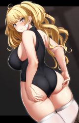 Rule 34 | 1girl, ahoge, ass support, bandaid, bandaid on face, bare arms, bare shoulders, black leotard, blonde hair, blurry, blurry background, blush, breasts, brown eyes, cameltoe, closed mouth, commentary request, depth of field, dutch angle, from behind, granblue fantasy, highres, kusahagane, large breasts, leotard, looking at viewer, looking back, monika weisswind, sideboob, skindentation, solo, thighhighs, twintails, v-shaped eyebrows, white thighhighs