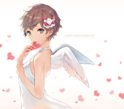Rule 34 | 1girl, angel wings, appogiatura, bad id, bad pixiv id, bare shoulders, blurry, bow, brown hair, choker, collarbone, dress, english text, from side, grey eyes, hair bow, happy valentine, heart, holding, looking at viewer, mouth hold, nagu, red bow, simple background, smile, solo, tsurime, upper body, valentine, white background, white dress, white wings, wings