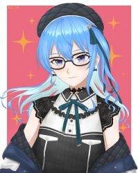 Rule 34 | 1girl, absurdres, black hat, blue eyes, blue hair, bow, bow earrings, colored inner hair, earrings, flat chest, glasses, hat, highres, hololive, hoshimachi suisei, hoshimachi suisei (streetwear), jewelry, light blush, long hair, multicolored hair, official alternate costume, rz ix, side ponytail, smile, solo, virtual youtuber