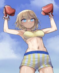 Rule 34 | 1girl, blonde hair, blue eyes, boxing gloves, breasts, closed mouth, cloud, flexing, frown, hair ornament, highres, hololive, hololive english, looking at viewer, medium breasts, navel, outdoors, short hair, shorts, sky, solo, sports bra, sweat, virtual youtuber, watson amelia, zedd (zedgawr)