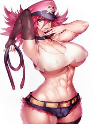 Rule 34 | 1girl, abs, black thighhighs, blue eyes, breasts, cameltoe, capcom, choker, cleavage, closed mouth, collarbone, covered erect nipples, crop top, curvy, denim, denim shorts, elbow gloves, fingerless gloves, fumio (rsqkr), gloves, hair between eyes, hat, highres, huge breasts, lips, looking at viewer, midriff, navel, pink hair, poison (final fight), short shorts, shorts, simple background, single glove, single thighhigh, solo, stomach, street fighter, street fighter v, thighhighs, underboob, whip, white background
