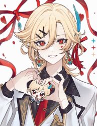 Rule 34 | 1boy, black shirt, blonde hair, blue feathers, character doll, collared shirt, earrings, facial mark, feather hair ornament, feathers, genshin impact, hair ornament, hairpin, heart, heart facial mark, heart hands, jacket, jewelry, kaveh (genshin impact), kaveh (gigo) (genshin impact), male focus, medium hair, necktie, official alternate costume, red eyes, red necktie, red ribbon, ribbon, shirt, smile, solo, teeth, vest, white background, white jacket, white vest, xiaoquantaohua
