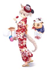 Rule 34 | 1girl, animal ears, apple, bear, bow, bracelet, brown eyes, cotton candy, dog, floral print, flying, food, food in mouth, fruit, full body, hair between eyes, hair ornament, head tilt, holding, holding food, holding fruit, holding tray, japanese clothes, jewelry, kimono, large bow, looking at viewer, looking back, low ponytail, maeda risou, mask, mask on head, mouse (animal), original, profile, purple eyes, sandals, short hair, silver hair, simple background, solo, standing, tail, tongue, tongue out, traditional clothes, tray, white background, wolf ears, wolf girl, wolf tail