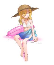 Rule 34 | 1girl, barefoot, blonde hair, boku to maou, brown hat, collarbone, commentary request, full body, hat, highres, innertube, kijima (amayadori-tei), long hair, rosalyn (boku to maou), simple background, solo, straw hat, swim ring, swimsuit, white background, yellow eyes