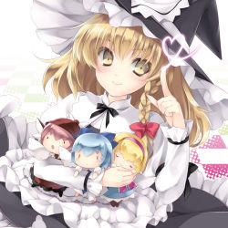 Rule 34 | 1girl, alice margatroid, ayase hazuki, blonde hair, braid, character doll, checkered floor, cirno, doll, hugging doll, floor, hat, heart, heart of string, kirisame marisa, long hair, mystia lorelei, hugging object, smile, solo, touhou, upper body, witch, witch hat