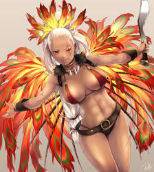Rule 34 | 1girl, armpits, bangle, bare shoulders, belt, bikini, black bikini, bracelet, breasts, brown background, character request, cleavage, closed mouth, cowboy shot, dark-skinned female, dark skin, earrings, fate/grand order, fate (series), feather hair ornament, feathers, forehead, fur trim, hair ornament, highres, holding, holding weapon, hoop earrings, jewelry, knife, kukri, large breasts, lips, long hair, looking at viewer, low-tied long hair, mismatched bikini, navel, necklace, outstretched arms, ponytail, re lucy, red bikini, red eyes, resolution mismatch, scar, scar across eye, scar on face, shiny skin, simple background, solo, source larger, spread arms, standing, stomach, swimsuit, thighs, toned, tooth necklace, very long hair, weapon
