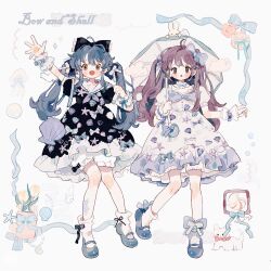 Rule 34 | 2girls, ahoge, arm up, bag, black bow, black dress, black ribbon, bloomers, blue bag, blue bow, blue bowtie, blue footwear, blue hair, blue neckerchief, blue umbrella, blush stickers, bow, bow choker, bow legwear, bowtie, brown eyes, buttons, cat, choker, clenched hand, closed mouth, cloud, collared dress, commentary, crab print, crescent, dress, english commentary, english text, eyelashes, eyeshadow, flower, frilled bow, frilled bowtie, frilled dress, frilled wrist cuffs, frills, frown, full body, hair bow, highres, holding, holding umbrella, jellyfish, lolita fashion, long hair, looking at viewer, makeup, mary janes, multiple girls, multiple hair bows, neckerchief, open mouth, original, outstretched arm, petticoat, pink eyeshadow, pink flower, pink rose, plant, potted plant, puffy short sleeves, puffy sleeves, purple bow, purple hair, putong xiao gou, rabbit, red bow, red bowtie, red lips, ribbon, ribbon legwear, rose, sailor collar, seashell print, shell bag, shoes, short dress, short sleeves, shoulder bag, smile, socks, sparkle, star (symbol), starfish print, straight-on, striped, striped bow, tulip, twintails, two side up, umbrella, underwear, white background, white bloomers, white choker, white dress, white flower, white sailor collar, white socks, white tulip, white wrist cuffs, wrist bow, wrist cuffs