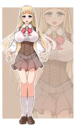 Rule 34 | 1girl, blonde hair, blue eyes, blunt bangs, blush, border, breasts, brown skirt, commentary request, corset, dot nose, frills, full body, highres, hime cut, large breasts, loafers, long sleeves, looking at viewer, multiple views, open hands, open mouth, original, outline, outstretched arms, pink ribbon, pleated skirt, projected inset, ribbon, shoes, skirt, smile, socks, straight-on, sumi (okiraku-tei), tareme, white border, white legwear, white outline, zoom layer