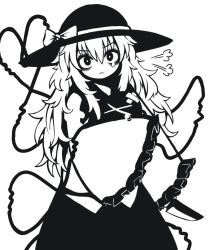 Rule 34 | 1girl, angry, bags under eyes, bandaid, bandaid on eye, black hat, blouse, bow, bright pupils, closed mouth, cowboy shot, eyeball, frilled shirt collar, frilled sleeves, frills, frown, greyscale, hat, hat bow, hat ribbon, heart, heart of string, high contrast, highres, komeiji koishi, long hair, long sleeves, looking at viewer, messy hair, monochrome, reverinth, ribbon, shirt, sidelocks, simple background, solo, tears, third eye, touhou, v-shaped eyebrows, wavy hair, white background, wide sleeves