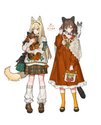 Rule 34 | 2girls, :&lt;, :3, animal, animal ear hairband, animal ears, animal on shoulder, arm at side, bag, black choker, black footwear, blonde hair, bow, bowtie, braid, brown footwear, brown hair, cat, cat ear hairband, cat ears, cat girl, cat on shoulder, cat tail, choker, closed mouth, collarbone, dollar sign, dress, fake animal ears, food, fruit, full body, green bag, green bow, green bowtie, green eyes, green hairband, grey cat, grey shawl, grey sweater, hair ornament, hairband, hairclip, hand in own hair, hand up, holding, holding animal, holding bag, holding cat, kneehighs, light blush, loafers, long sleeves, looking at animal, looking at viewer, loose socks, low twin braids, mary janes, multiple girls, orange bow, original, petticoat, plaid, plaid skirt, pleated skirt, puffy long sleeves, puffy sleeves, red dress, shawl, shoes, short hair, shoulder bag, simple background, skirt, sleeve bow, socks, standing, starshadowmagician, strawberry, sweater, tail, tortoiseshell cat, twin braids, white background, white socks, yellow socks