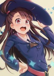 Rule 34 | 1girl, absurdres, adjusting clothes, adjusting headwear, arm up, belt, blue hat, blunt bangs, blush, brown hair, clothing request, commentary request, cowboy shot, gradient background, hand on headwear, hand on own hip, hat, highres, kagari atsuko, little witch academia, long hair, long sleeves, looking at viewer, luna nova school uniform, madabau, open mouth, red belt, red eyes, school uniform, smile, solo, sparkle, standing, teeth, upper teeth only, witch hat