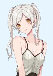 Rule 34 | 1girl, bare shoulders, breasts, brown eyes, camisole, cleavage, closed mouth, fire emblem, fire emblem awakening, highres, long hair, medium breasts, nintendo, robin (female) (fire emblem), robin (fire emblem), shimizu akina, silver hair, simple background, smile, solo, twintails, upper body, white background