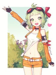 Rule 34 | 1girl, aegissanp, ahoge, arm warmers, belt, black choker, black gloves, border, choker, commentary, cowboy shot, crystal, english commentary, fingerless gloves, gloves, goggles, green eyes, green hair, gumi, happy, headset, highres, looking at viewer, midriff, navel, open clothes, open mouth, open vest, orange shorts, orange vest, outdoors, red-tinted eyewear, red goggles, shirt, short hair, shorts, sleeveless, sleeveless shirt, solo, stomach, tied shirt, tinted eyewear, vest, vocaloid, white belt, white border, white shirt