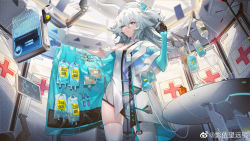 Rule 34 | 1girl, absurdres, black gloves, black panties, blue eyes, breasts, chinese commentary, commentary request, cowboy shot, female focus, girls&#039; frontline, girls&#039; frontline neural cloud, gloves, hair between eyes, half gloves, hat, highres, id card, intravenous drip, messy hair, monitor, nurse cap, pa-15 (girls&#039; frontline), panties, see-through, small breasts, smile, solo, syringe, thighhighs, underwear, white hair, white thighhighs, ying yi