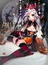 Rule 34 | 1girl, bare shoulders, blue eyes, breasts, cleavage, crab d, halloween, jack-o&#039;-lantern, looking at viewer, miu (qurare), qurare magic library, silver hair, sitting, smile, solo, striped clothes, striped thighhighs, thighhighs