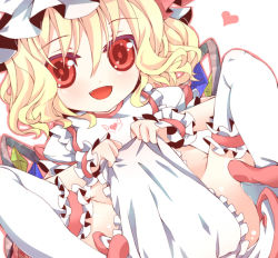 Rule 34 | 1girl, bad id, bad pixiv id, blonde hair, fang, female focus, flandre scarlet, frilled thighhighs, frills, hair between eyes, hat, heart, lying, mob cap, red eyes, solo, spread legs, thighhighs, tm (gf-tm), touhou, white hat, white thighhighs, wings, wrist cuffs