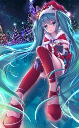 Rule 34 | 1girl, aqua eyes, aqua hair, bell, christmas, christmas tree, earrings, gloves, hat, hatsune miku, highres, jewelry, long hair, looking at viewer, necklace, night, outdoors, pdxen, santa costume, santa hat, sitting, smile, solo, thighhighs, twintails, very long hair, vocaloid