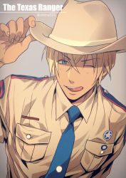 Rule 34 | 1boy, ;), adjusting clothes, adjusting headwear, amuro tooru, blonde hair, blue eyes, blue necktie, brown hat, brown shirt, collared shirt, commentary request, dark-skinned male, dark skin, english text, grey background, hair between eyes, hat, looking at viewer, male focus, mashima shima, meitantei conan, necktie, one eye closed, shirt, simple background, smile, solo, tongue, tongue out, twitter username, upper body