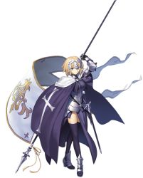 Rule 34 | 1girl, armor, armored dress, blonde hair, blue eyes, braid, cape, capelet, dress, fate/apocrypha, fate/grand order, fate (series), headpiece, jeanne d&#039;arc (fate), jeanne d&#039;arc (ruler) (fate), long hair, polearm, single braid, solo, spear, thighhighs, weapon