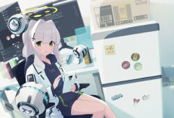 Rule 34 | black hoodie, blue archive, blush, box, can, chair, cross hair ornament, dr pepper, drink can, energy drink, green eyes, grey hair, hair intakes, hair ornament, halo, hare (blue archive), headphones, headphones removed, highres, holding, hood, hoodie, indoors, jacket, long hair, long sleeves, looking at viewer, maki (blue archive), makolas97, monitor, monster energy, mountain dew, multiple monitors, office chair, open clothes, parted lips, ponytail, refrigerator, sidelocks, sitting, soda, soda can, sticky note, swivel chair, white jacket