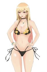 Rule 34 | 1girl, absurdres, bare shoulders, bikini, black choker, blonde hair, bracelet, breasts, choker, cleavage, colored tips, commentary, cowboy shot, earrings, fake nails, floral print, halterneck, hands on own hips, highres, jewelry, kitagawa marin, large breasts, long hair, memory342, multicolored hair, navel, open mouth, red eyes, side-tie bikini bottom, solo, sono bisque doll wa koi wo suru, string bikini, swimsuit, white background