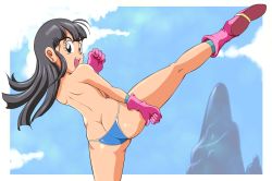 Rule 34 | 1girl, ass, bikini, black eyes, black hair, boots, butt crack, chi-chi (dragon ball), cloud, dragon ball, from behind, gloves, hime cut, kicking, long hair, looking back, mountain, open mouth, outdoors, pepipopo, sky, smile, solo, swimsuit, topfreedom, topless