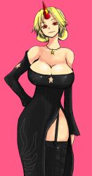 Rule 34 | 1girl, alternate costume, alternate hairstyle, bare shoulders, black dress, black thighhighs, blonde hair, breasts, chinese clothes, cleavage, cleavage cutout, clothing cutout, cocktail dress, curvy, detached sleeves, dress, female focus, garter belt, garter straps, hair up, han (jackpot), horns, hoshiguma yuugi, jewelry, large breasts, necklace, red eyes, simple background, single horn, smile, solo, star (symbol), thighhighs, touhou