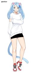Rule 34 | 1girl, animal ears, artist name, black skirt, blue eyes, blue flower, blue hair, breasts, cat ears, cat girl, cat tail, commission, daniaeru, flower, hair flower, hair ornament, highres, long hair, medium breasts, no socks, original, parted lips, shoes, skirt, smile, sneakers, solo, sweater, tail, twintails, white background, white sweater