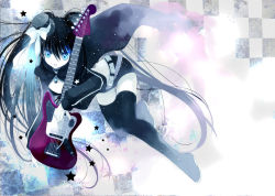Rule 34 | 10s, 1girl, black hair, black rock shooter, black rock shooter (character), blue eyes, coat, guitar, hat, hato rami, instrument, long hair, mini hat, mini top hat, shorts, solo, thighhighs, top hat, twintails, very long hair