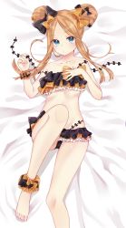 Rule 34 | 1girl, abigail williams (emerald float) (fate), abigail williams (fate), bad id, bad pixiv id, bare arms, bare legs, bare shoulders, barefoot, bed sheet, bikini, black bikini, black bow, blonde hair, blue eyes, blush, bow, closed mouth, collarbone, commentary request, double bun, emerald float, fate/grand order, fate (series), feet, forehead, groin, hair bow, hair bun, highres, knee up, looking at viewer, lying, nekomiya noru (yuduki710), official alternate costume, on back, orange bow, parted bangs, scrunchie, side bun, solo, swimsuit, toenails, toes, wrist scrunchie