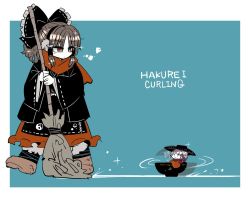 Rule 34 | 2girls, afterimage, black bow, black coat, blue background, blush stickers, bow, bowl, bowl hat, breath, broom, brown eyes, brown footwear, brown hair, coat, colored skin, curling, earmuffs, frilled bow, frilled skirt, frills, full body, hair bow, hair tubes, hakurei reimu, hat, in bowl, in container, japanese clothes, kimono, mini person, minigirl, multiple girls, purple hair, purple scarf, red kimono, red scarf, red skirt, scarf, shoes, short hair, sidelocks, skirt, sparkle, spinning, sukuna shinmyoumaru, sweeping, touhou, white skin, yin yang, yt (wai-tei), | |