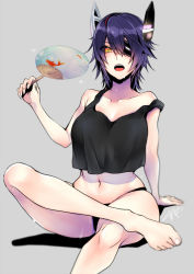 Rule 34 | 1girl, barefoot, black panties, black tank top, breasts, chikage (blackclownery), commentary request, eyepatch, grey background, hand fan, headgear, highres, kantai collection, large breasts, looking at viewer, one-hour drawing challenge, panties, paper fan, purple hair, short hair, simple background, sitting, solo, tank top, tenryuu (kancolle), uchiwa, underwear, underwear only, yellow eyes
