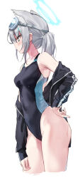 Rule 34 | 1girl, absurdres, animal ears, black jacket, black one-piece swimsuit, blue archive, blush, breasts, closed mouth, collarbone, competition swimsuit, covered navel, cowboy shot, cropped legs, eyewear on head, from side, goggles, goggles on head, grey hair, hair between eyes, halo, hand on own hip, highleg, highleg swimsuit, highres, jacket, long hair, long sleeves, medium breasts, off shoulder, one-piece swimsuit, open clothes, open jacket, ponytail, shiroko (blue archive), shiroko (swimsuit) (blue archive), sidelocks, simple background, solo, standing, swimsuit, thighs, toshizou (0714), white background