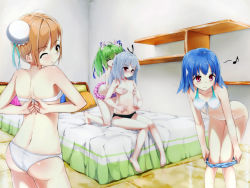Rule 34 | 4girls, acfun, acfun girl, adjusting bra, adjusting clothes, ahoge, aqua hair, ass, back, bed, bili girl 22, bili girl 33, bilibili, black panties, blue hair, blush, bow, bow bra, bra, breasts, brown hair, bun cover, closed eyes, covering breasts, covering privates, cu (fsy84738368), frilled panties, frills, grabbing, grabbing another&#039;s breast, green dam, hair bow, hair bun, hair ornament, hair ribbon, highres, leaning forward, lingerie, long hair, looking back, multiple girls, musical note, no bra, one eye closed, open mouth, os-tan, panties, panty pull, personification, pillow, pink panties, red eyes, ribbon, shelf, short hair, side ponytail, single hair bun, sitting, smile, striped clothes, striped panties, twintails, underwear, underwear only, white panties, wink