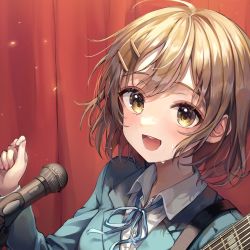 Rule 34 | 1girl, bad id, bad twitter id, blush, bob cut, brown eyes, brown hair, collared shirt, guitar, hair ornament, hairclip, highres, hirasawa yui, instrument, k-on!, long sleeves, looking at viewer, microphone, open mouth, plectrum, school uniform, shirt, short hair, smile, solo, starlime, sweat, teeth, upper body, upper teeth only, white shirt
